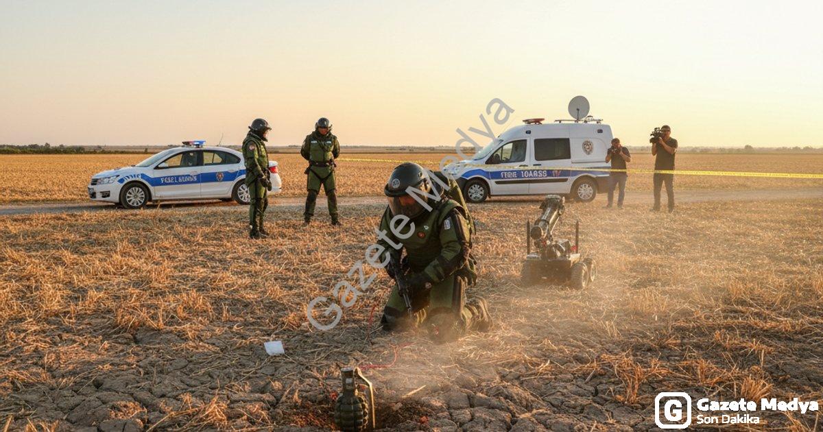 "Tire’de tarlada bulunan el bombası uzman ekipçe imha edildi" başlıklı haber için fotorealistik, pro